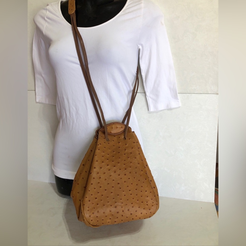 Jo Ann Page Ostrich drawstring Purse Medium Size Tan Color in EUC